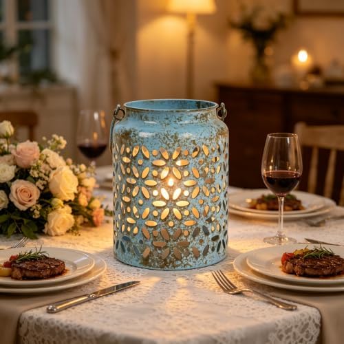 Vintage Metal Candle Lanterns with Handle Rustic Distressed Blue Decorative Candle Holder with Floral Cut-Out Design for Home, Garden, Patio, Porch, Parties, Weddings Decor - Image 7