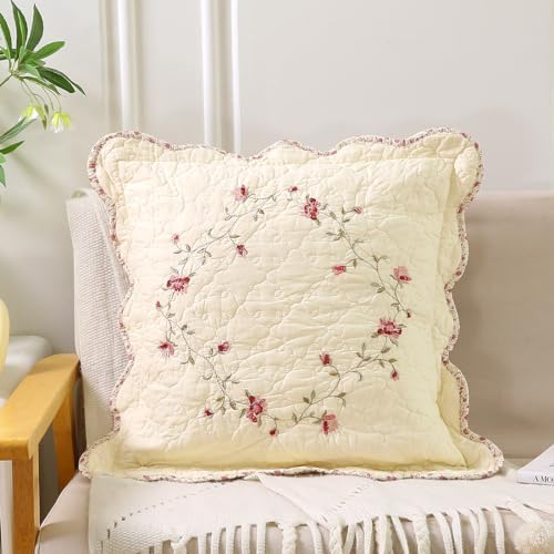 vctops Set of 2 Cotton Quilted Embroidered Decorative Square Throw Pillow Covers with Scalloped Floral Soft Cushion Case for Couch Sofa Bed (Flower D,18"x18") - Image 2