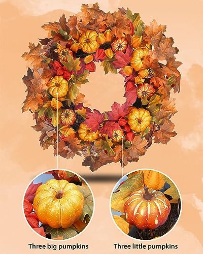 24 Inch Thanksgiving Fall Wreath, Autumn Wreaths for Front Door Halloween Wreath with Pumpkin Red Lantern Fruit Maple Leaves for Home Outside Indoor Wall Window Festival Fall Decorations - Image 3