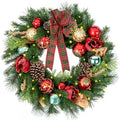 24 Inch Lighted Magnolia Christmas Wreath with 30 Warm White LEDs and Timer, Battery Operated Pre-Lit Artificial Wreath with Magnolia Flowers, Pinecones, Bow and Ornaments for Front Door by Arborvigro