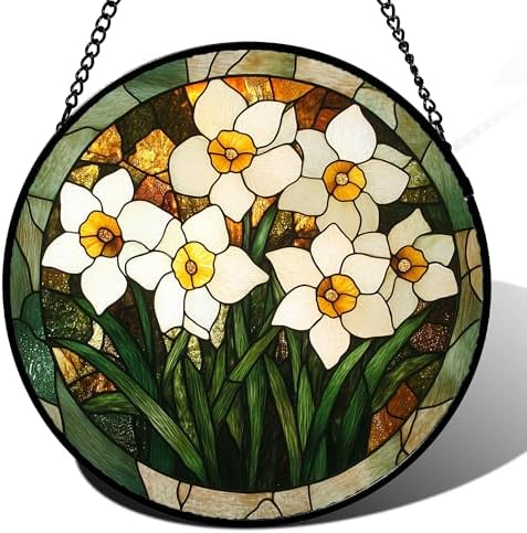 White Lily Flower Leaves Stained Glass Window Hanging Suncatcher Gifts 12" by Follow
