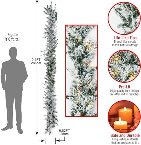 Nervure 9FT Real Touch Christmas Artificial Garland - Norfolk Pine Flocked Garland with 50 Warm White LED Lights for Home Fireplace Indoor Holiday Xmas Decor - Image 3