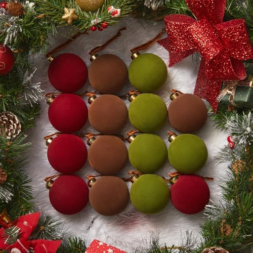 Brightown 15 Pcs Velvet Christmas Balls, 3.15 Inch Red Green Brown Velvet Ornaments for Christmas Tree, Christma Tree Flocked Ornaments Balls for Family Holiday Wedding Party Xmas Hanging Decoration by Brightown