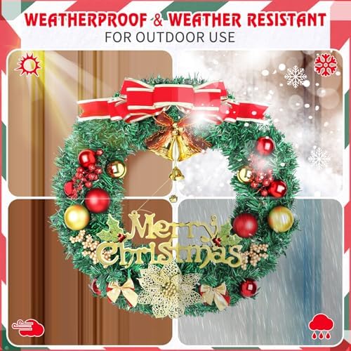 Christmas Wreaths for Front Door, Artificial Christmas Wreath with Bow, Bells, Berries, Gold Flowers and Holiday Decor Sign, Winter Wreaths for Fireplace, Windows, Wall Decor(20 Inches) - Image 3