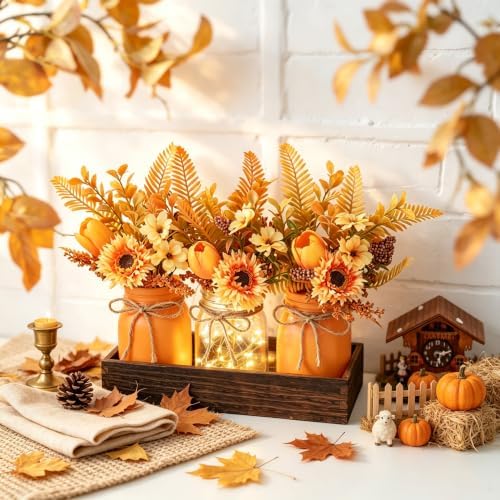 Mason Jar Lights Centerpiece Table Decor-Artificial Sunflowers & Tulips - Image 6