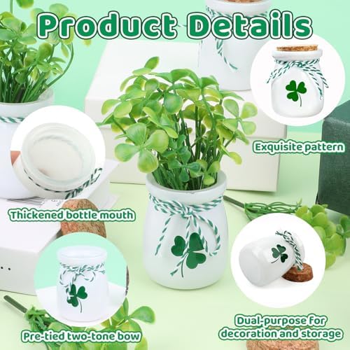 St Patricks Day Decoration - 6PCS St.Patrick's Day Mini Mason Jars with Artificial Shamrock White Green Decorative Jars Saint Patricks Tiered Tray Spring Decor for Home Kitchen Farmhouse Table - Image 3
