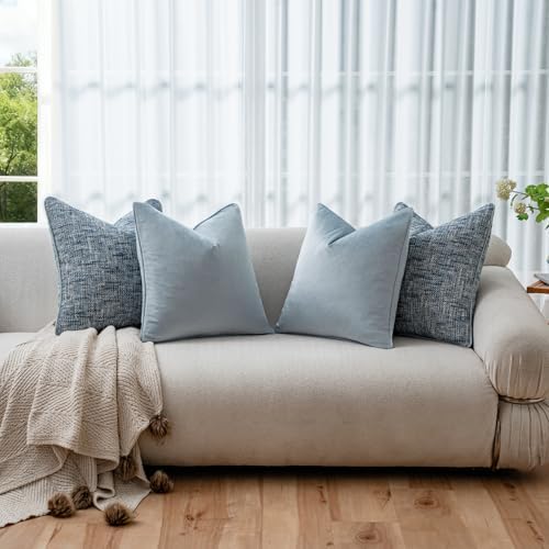 a moment Light Blue 4 Pack Throw Pillow Covers - Chenille & Velvet Set with Piping, Farmhouse Textured Design Pillow Cases for Couch Sofa Bed Livingroom (20x20 Inch, No Insert) - Image 4