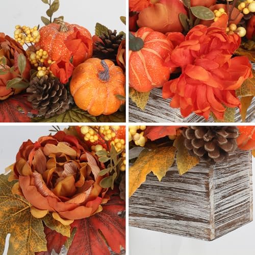 DILATATA Fall Decor Autumn Harvest Pumpkins Centerpiece - Artificial Peony Maple Leaf and Pinecones Arrangement in Rectangle Wooden Box for Thanksgiving Party Mantel Fall Decor - Image 3