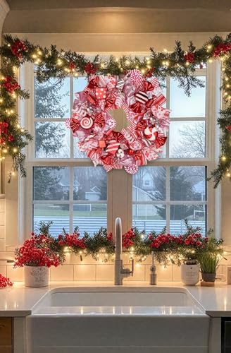 20" Christmas Wreath with Candy Canes, Red & Pink Bow for Front Door Decor - Image 4