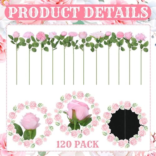 Lyrow 120 Pack Pink Roses Artificial Flowers Bulk Hanging Floating Garland Fake Pink Rose Vine for Ceiling Decoration Wedding Anniversary Bridal Bouquet DIY Floral Arrangement Proposal Romantic Decor - Image 2