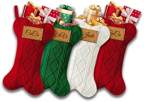 Personalized Dog Christmas Stockings, Custom Name Engraved Christmas Stockings 4 Pack, 16.9” Large Xmas Stocking for Dogs Cats Pets, Bone Shape Fireplace Hanging Holiday Xmas Party Decoration by Bianspz
