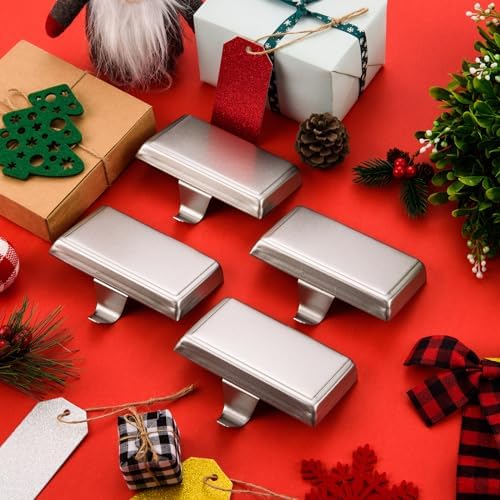 4 Pack Christmas Stocking Holders Ornament Hooks Mantel Weighted Stocking Hangers Metal Hanging Hooks Heavy Duty Stocking Holders Bases for Mantel Fireplace Party Decoration (Silver, 4) - Image 4