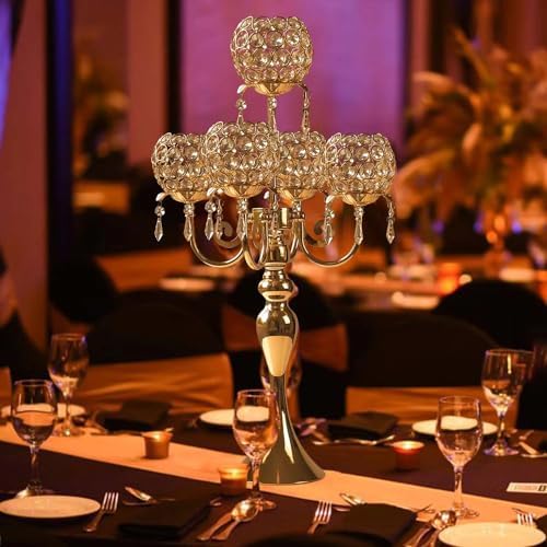5 Arm Gold Candle Holder 22.5 Inch Tall Crystal with Pendant, Romantic Home Decor Elegant Candlestick Holder for Dates Wedding Receptions Holiday Party Important Events - Image 6