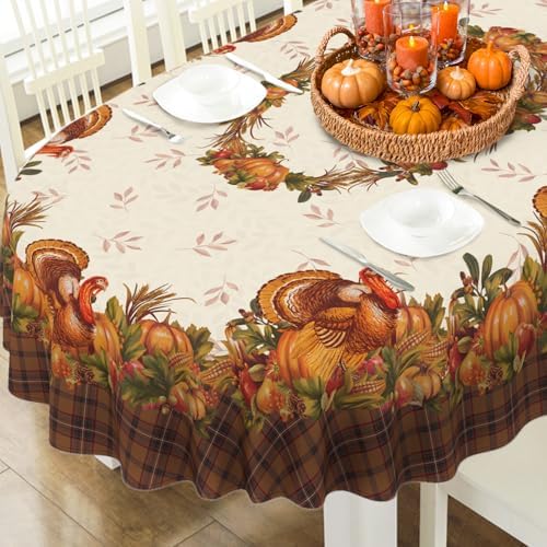 Thanksgiving Turkey Tablecloth Vintage Fall Pumpkin Table Cloth for Kitchen Decoration - 60" X 102" Oval by BnhjsdwTablecloth