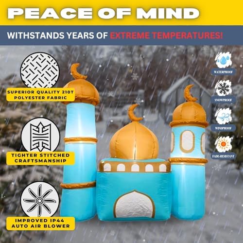 6FT Ramadan Inflatable Teal and Bronze Mosque - Islamic Ramadan Decor for Outdoor Front/Back Lawns, Built-in LED Lights and Fan to Blow Up with Air, Iftar/Eid Gift - Image 2