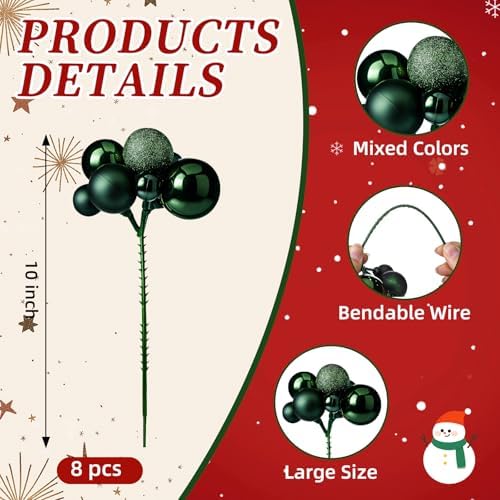 Daifunli 8 Pcs Dark Green Christmas Tree Picks 7.87 Inch Christmas Balls Ornaments Xmas Hanging Decorations for Xmas Tree Topper DIY Wreath Holiday Floral Vase Fillers Crafts Home Decor - Image 2