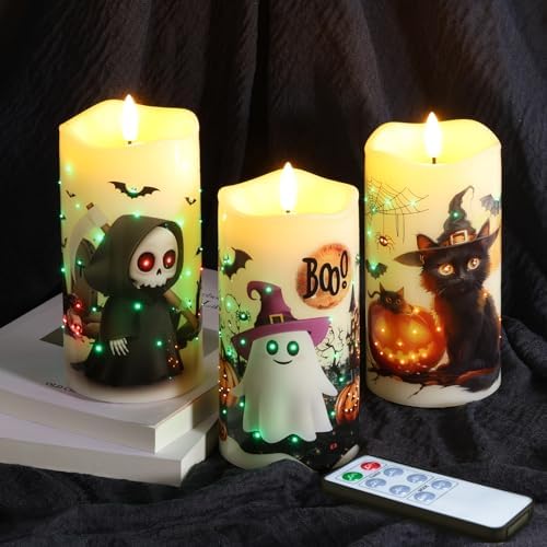 Eywamage Fiber Optic Halloween Flameless Pillar Candles with Remote 3 Pack by EywamageCandles
