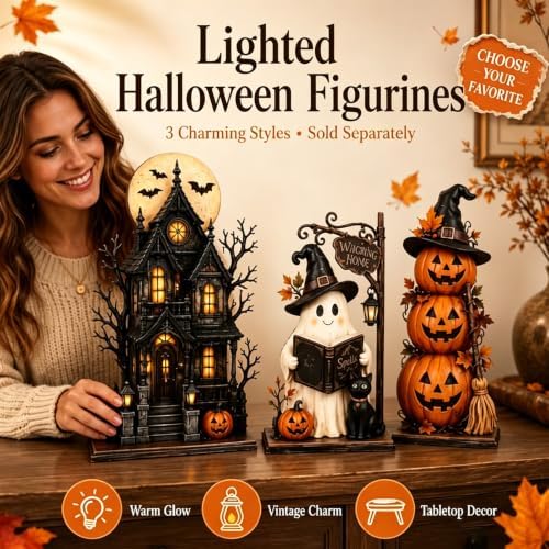 Lighted Halloween Haunted House & Character Figurine Collection, Halloween Decorations with Ghost, Black Cat & Pumpkin Figures, Gothic Haunted House Centerpiece for Mantel Shelf Home Decor，House - Image 5
