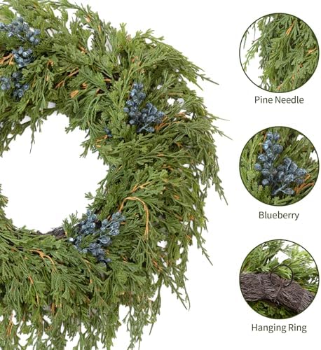16" Spring Wreaths for Front Door, Artificial Greenery Wreath with Blueberry, Green Norfolk Pine and Cedar for Wall, Porch, or Indoor Outdoor Decor, Real Touch Cedar Foliage - Image 4