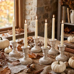 Mumufy 6 Pcs Pillar Candle Holders, Vintage Resin Candle Stands, Farmhouse Retro Table Centerpiece Candles Holders for French Country Decoration Home Wedding Party Living Room (Distressed White) by Mumufy