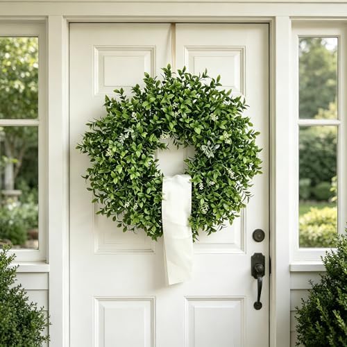 26 Inch Artificial Eucalyptus Wreath for Front Door - All Season Greenery Wreath with White Flowers, Farmhouse Spring Summer Fall Winter Decor, Indoor Outdoor Home Wall Porch Decoration by MEETYEHUA