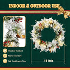 VINGLI 2 Pcs 18 Inch Small Christmas Wreath, Flocked Xmas Wreath w/60 Lights, 140 Tips, Pine Cones, Berries, PE&PVC Wreath with Lights for Indoor/Outdoor Holiday Decor, Battery Operated - Image 3