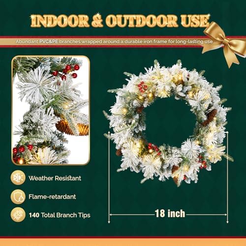 VINGLI 2 Pcs 18 Inch Small Christmas Wreath, Flocked Xmas Wreath w/60 Lights, 140 Tips, Pine Cones, Berries, PE&PVC Wreath with Lights for Indoor/Outdoor Holiday Decor, Battery Operated - Image 3