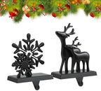 Christmas Stocking Holders for Mantle Set of 2, Anti-Slip Retro Black Bronze Christmas Reindeer and Snowflake Stocking Hangers, Metal Stocking Holder for Christmas Fireplace Mantel Decorations by LIKAJON