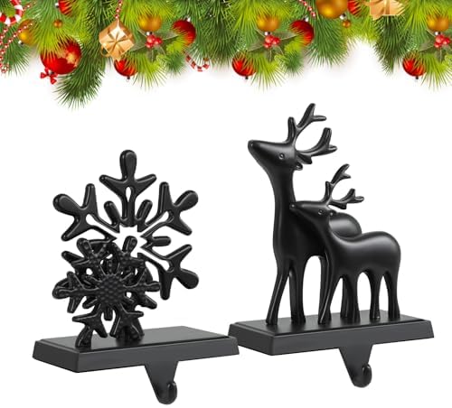 Christmas Stocking Holders for Mantle Set of 2, Anti-Slip Retro Black Bronze Christmas Reindeer and Snowflake Stocking Hangers, Metal Stocking Holder for Christmas Fireplace Mantel Decorations by LIKAJON