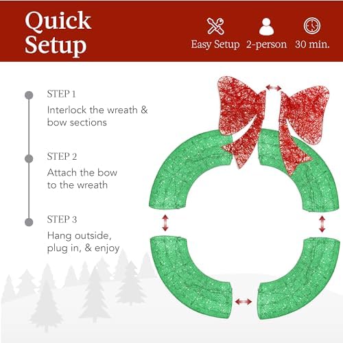 Best Choice Products 36in Pre-Lit Outdoor Christmas Wreath Decoration, LED Metal Holiday Decor for Home w/ 120 Lights, Bow - Green/Red - Image 4