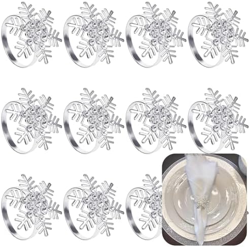Set of 12 Christmas Napkin Rings Silver Snowflake for Dining Table Setting Napkin Ring Bulk Banquet Serviette Decor for Thanksgiving Christmas Holiday Wedding Winter Party by FCDECOR