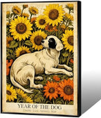 Chinese Lunar Year Of The Dog Wall Art – White Dog and Sunflower Painting for Bedroom Living Room and Gallery Decor – Fun Home Print Decoration Posters 24X36 in Wrapped Framed by Unknown