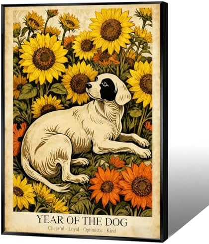 Chinese Lunar Year Of The Dog Wall Art – White Dog and Sunflower Painting for Bedroom Living Room and Gallery Decor – Fun Home Print Decoration Posters 12X18 in Black Framed by Unknown