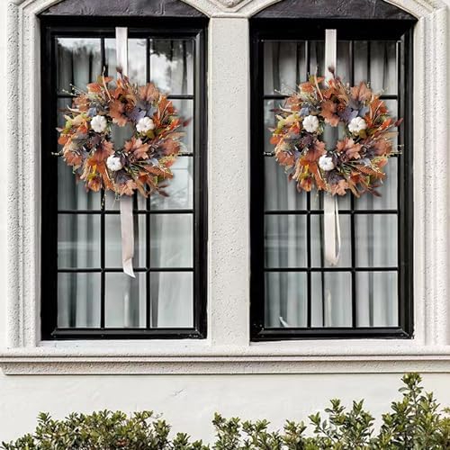 WANNA-CUL 24 Inch Fall Wreath for Front Door with White Pumpkins,Grains, Maple Leaves-Fall Decoration for Home-Large Fall Decor Door Wreath for Autumn,Harvest or Halloween - Image 5