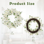 Spring Summer Wreaths for Front Door, 20 Inch Cherry Blossom Wreaths for Spring Summer Decor, White Wreaths for Front Door, Window, Home, Wall, Porch, Farmhouse Decor, Spring Artificial Flower Wreaths - Image 3