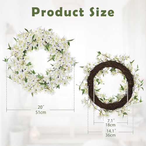 Spring Summer Wreaths for Front Door, 20 Inch Cherry Blossom Wreaths for Spring Summer Decor, White Wreaths for Front Door, Window, Home, Wall, Porch, Farmhouse Decor, Spring Artificial Flower Wreaths - Image 3