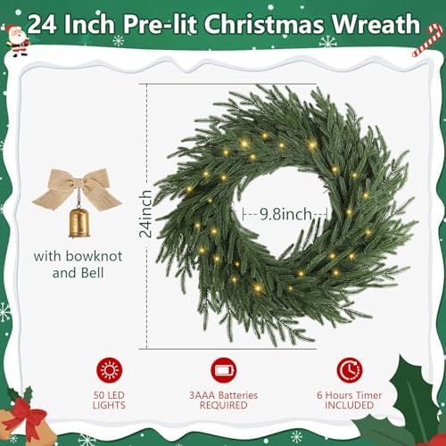 24 inch Christmas Wreath, Christmas Wreath for Front Door, Christmas Door Wreath Decor for Xmas Indoor Outdoor Holiday Decor (Real Touch) - Image 7