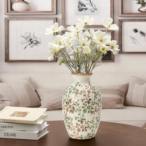 9.84 Inch Vintage Green and Beige Chinoiserie Floral Vase, Antique Rustic Ceramic Vase for Home Decor, Living Room, Bookshelf, Office, Entryway, Garden, Chinoiserie Decor, Tuscan Decor - Image 6