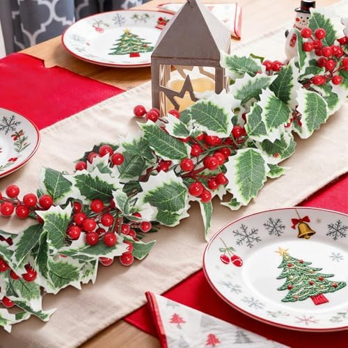 MAKHOT 6Ft Eucalyptus Garland, Green Leaves Wreath Vines Garlands Decorations, Artificial Red Berry Garland for Fireplace Gate Mantle Table Home Party Decor（2PCS - Image 4