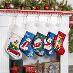 BHD BEAUTY Christmas Stocking 5 Pack Green Blue Red Velvet Embroidery Pattern Soft Faux Fur for Family Decorations Hanging Ornament for Xmas Holiday Party - Image 2