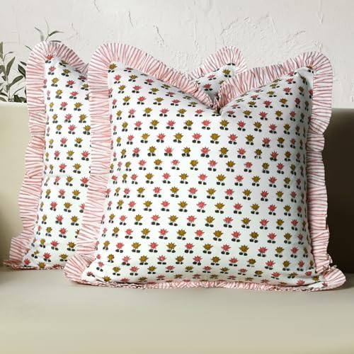 CPC Rosette Bloom Hand Block Print 100% Cotton Ruffle Throw Pillow Cover 18x18 inch with Hidden Zipper Decorative for Couch, Bed, Sofa, Farmhouse, Cottagecore Decor Gift Christmas Fall Thanksgiving by COTTONPRINTCLUB