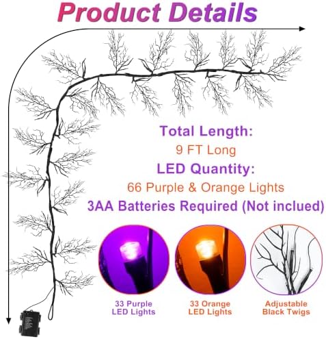 9Ft Lighted Halloween Garland Decorations Indoor, 66 LED Orange & Purple Lights Willow Vine Twig Black Halloween Garland with 8 Mode & Timer, Battery Operated Halloween Decor for Mantel Fireplace Home - Image 2