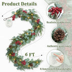 6FT Christmas Garland with Lights Artificial Pine Cypress Eucalyptus Garland with Red Berries Christmas Tips Cedar Garlands,Christmas Decorations Holiday Indoor Outdoor Winter Garland - Image 4