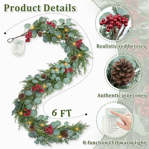 6FT Christmas Garland with Lights Artificial Pine Cypress Eucalyptus Garland with Red Berries Christmas Tips Cedar Garlands,Christmas Decorations Holiday Indoor Outdoor Winter Garland - Image 4