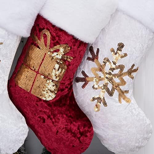 GEX Christmas Stockings 8 Pack for Family 20" Gold Sequins Red Velvet with White Soft Faux Fur Embroidery Classic Fireplace Tree Decorations for Xmas Season Decor (Set of 8) - Image 3