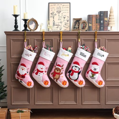 Personalized Christmas Stockings with Embroidered Name & Monogram,Custom Embroidered Pink Christmas Stocking,Santa,Snowman & Reindeer Stocking for Family & Fireplace Holiday Decor(5 Pack) - Image 7