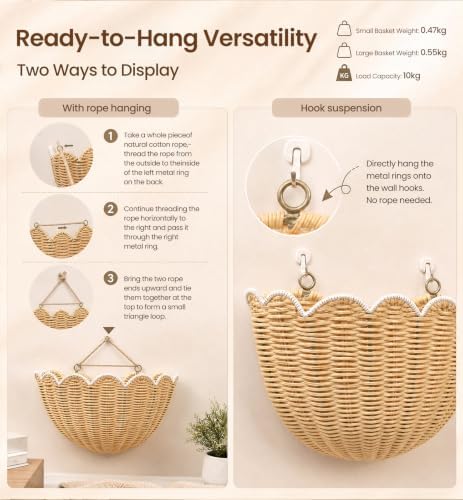 Scalloped Wall Basket 2 Pcs Hand Woven Wicker Hanging Basket Rattan Wall Decor for Nursery, Bathroom, Living Room - Image 5
