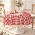 Red Checkered Round Tablecloth, Cotton Linen Texture, 60 Inch - Image 2