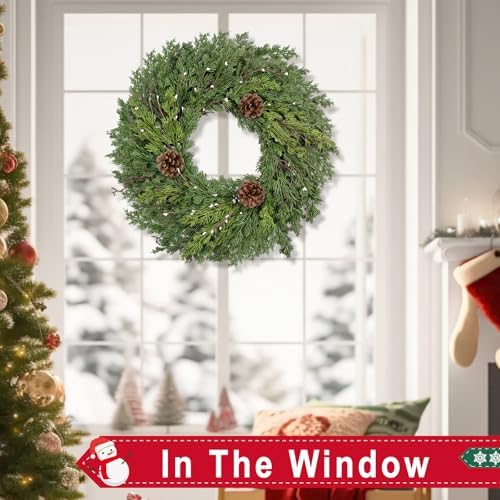 24 Inch Real Touch Lush Christmas Wreaths for Front Door with White Berries/Pine Cone Outdoor Christmas Decorations Winter Wreath Cypress Wreath for Windows Indoor Outside Xmas Home Decor Holiday - Image 4