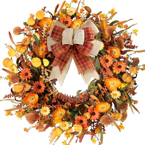TEMPUS 22inch Artificial Autumn Daisy Wreath Fall Leaves with Bowknot Wreath for Front Door Harvest Festival Window Wedding Autumn Outdoor Indoor Decor by TEMPUSDECOR